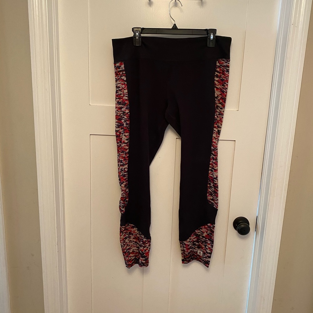 Anne Klein Sport Womens XL Black Printed Side Panel Athletic Leggings Zip Pocket
